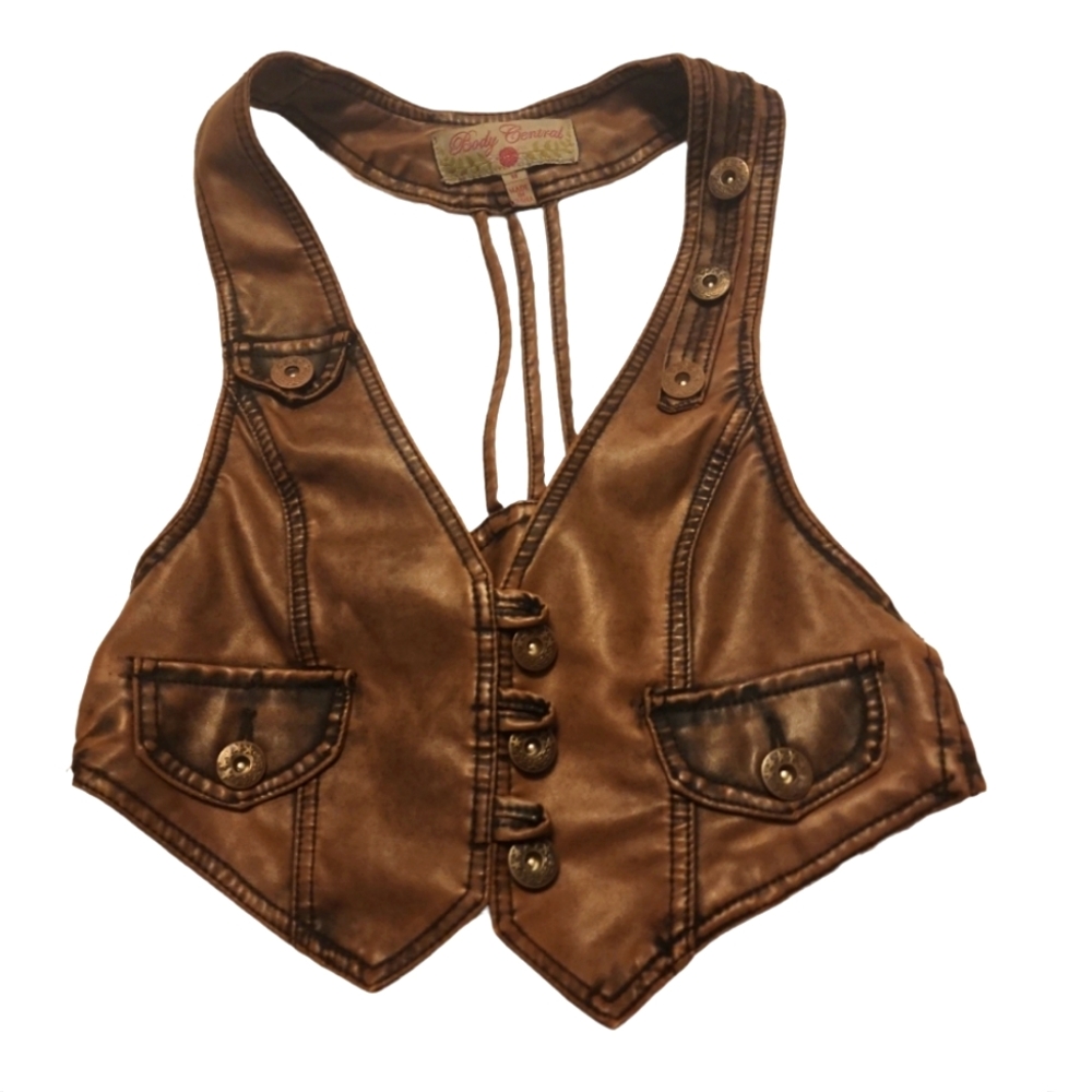 Blue Body Central Faux Leather Button Front Vest with T-StrapsAdjustable buckle